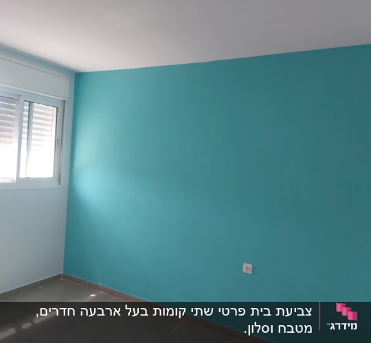 קיר צבוע בכחול בהיר עם חלון בצד